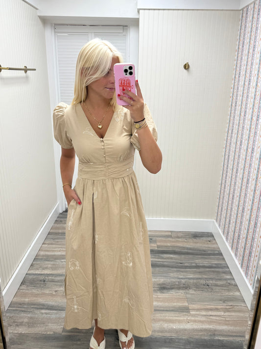 Western Embroidered Puff Sleeve Midi Dress