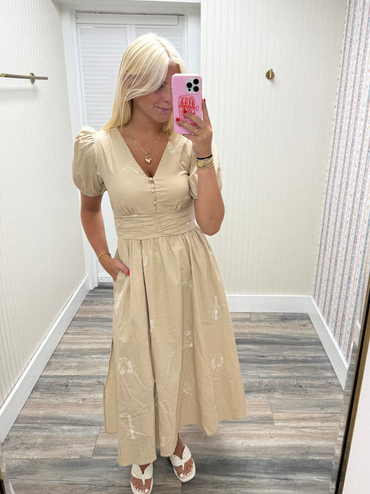 Western Embroidered Puff Sleeve Midi Dress