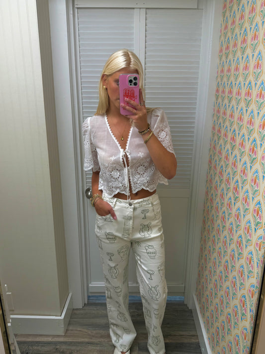 Embroidered Eyelet Scallop Trim Crop Top