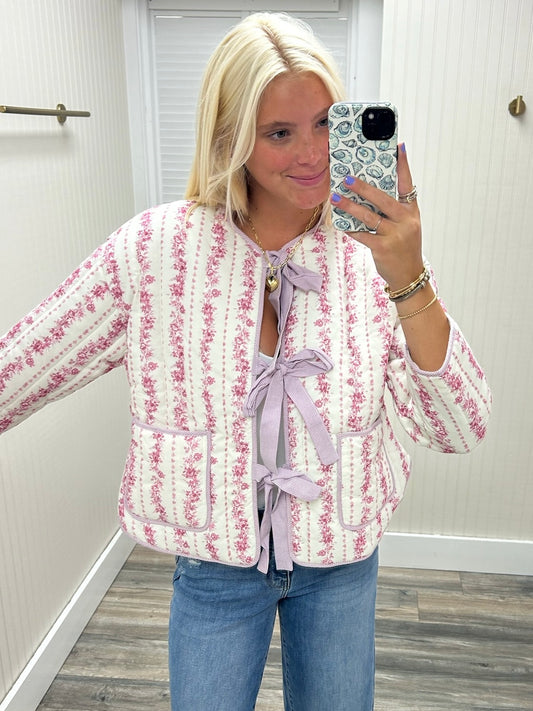 Cotton Printed Front Tie Quilted Jacket