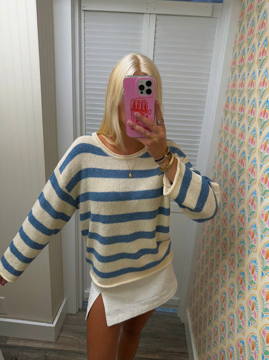 Boat Neck Striped Texture Knit Sweater