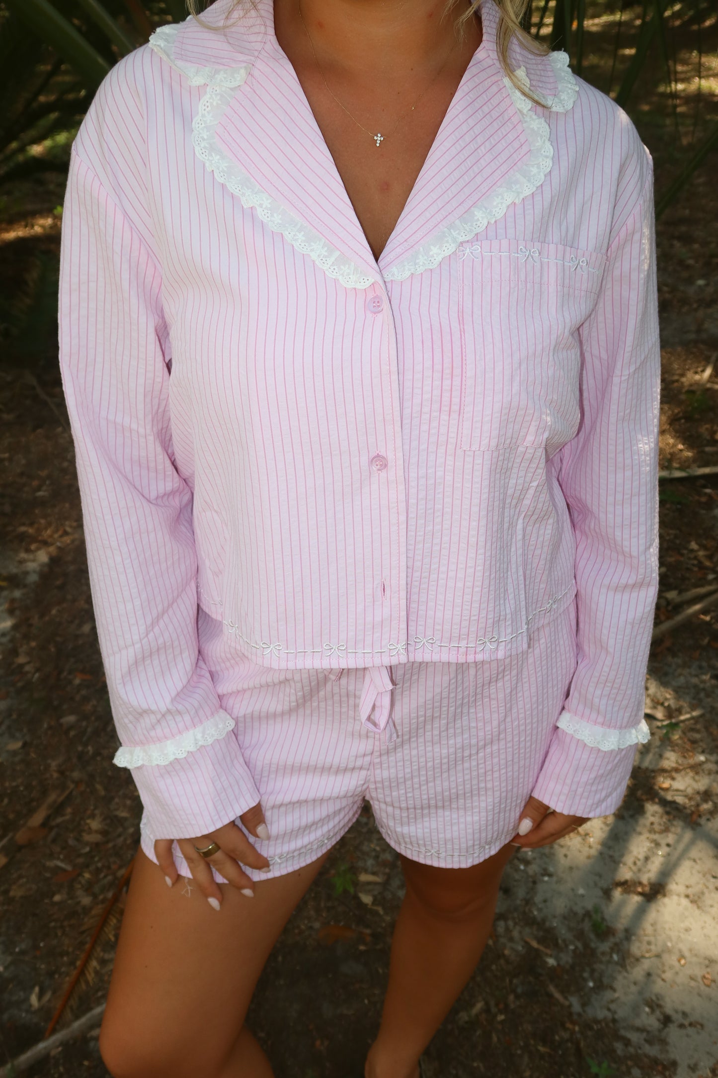 Seersucker Stripe Bow Shirt & Shorts Set