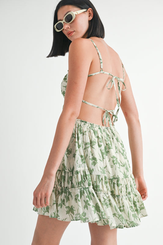 Green Fern Tiered Mini Dress with Tie-Back Detail