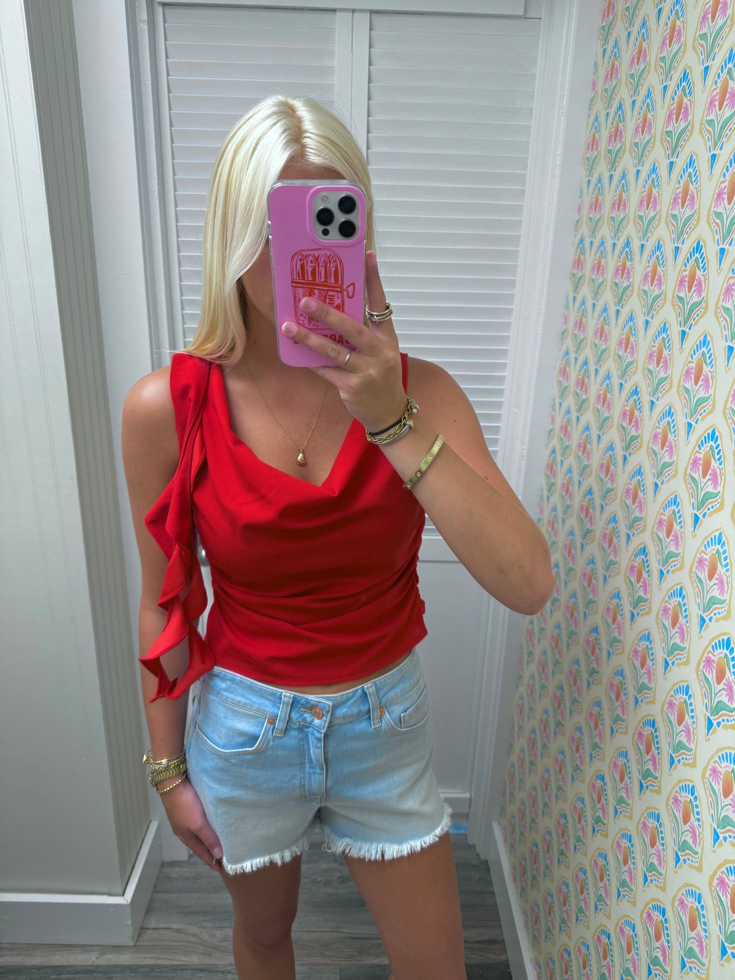 Red Blouse with Side Ruffle Elegance