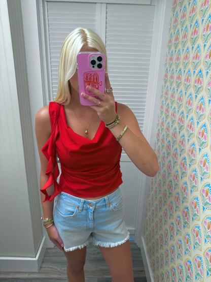Red Blouse with Side Ruffle Elegance