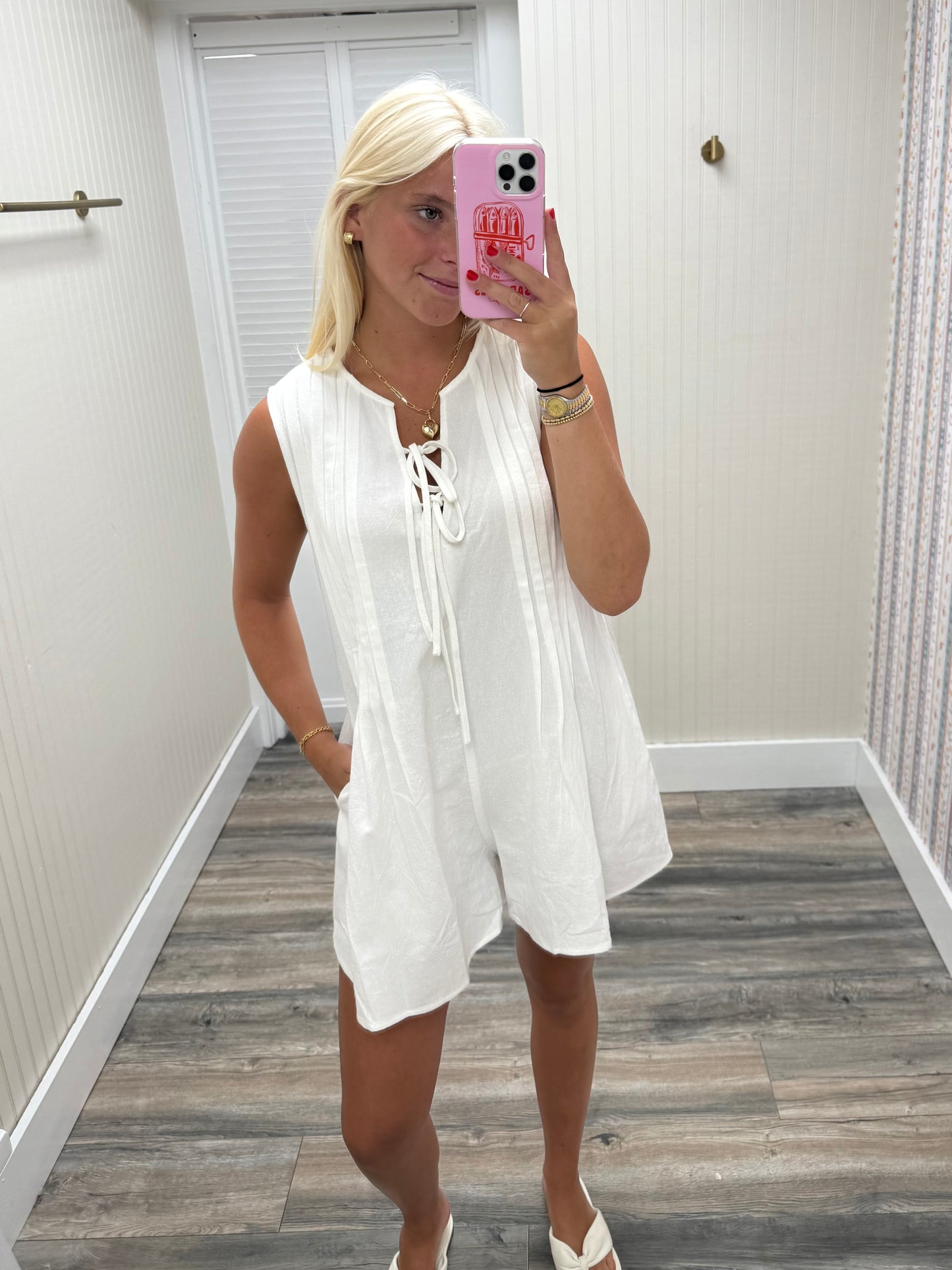 Tie With Pleated Denim Romper