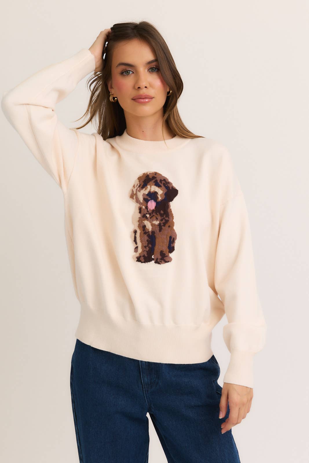 LONG SLEEVE CREW NECK PUPPY GRAPHIC SWEATER