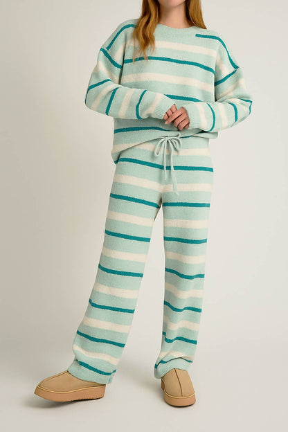 LONG SLEEVE STRIPE SWEATER TOP WITH WIDE LEG SWEATER PANTS
