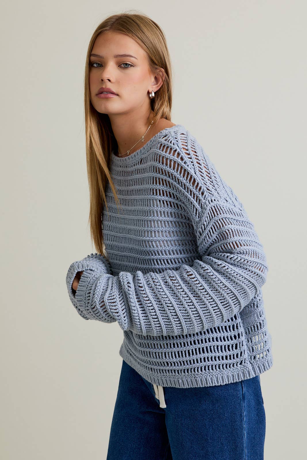 BOAT NECK OPENWORK SWEATER TOP