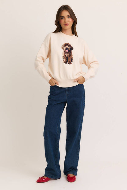LONG SLEEVE CREW NECK PUPPY GRAPHIC SWEATER