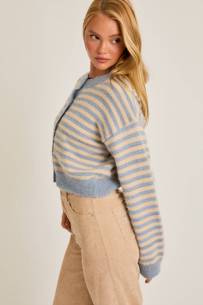 CREW NECK STRIPED CROPPED SWEATER CARDIGAN