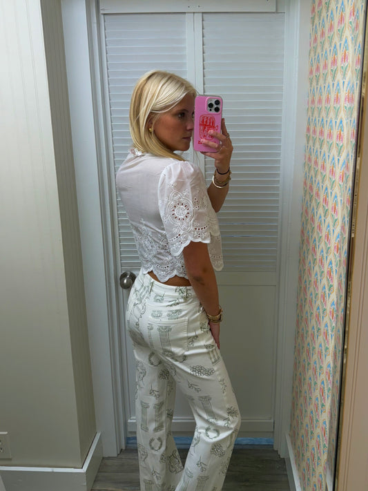 Embroidered Eyelet  Scallop Trim Crop Top