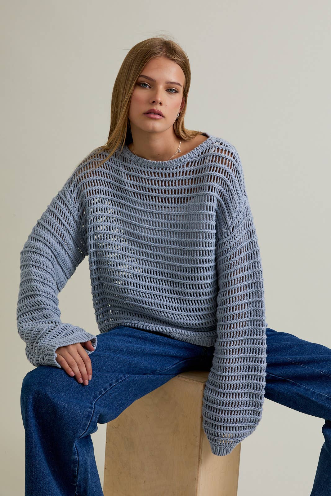 BOAT NECK OPENWORK SWEATER TOP