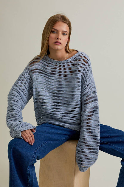 BOAT NECK OPENWORK SWEATER TOP