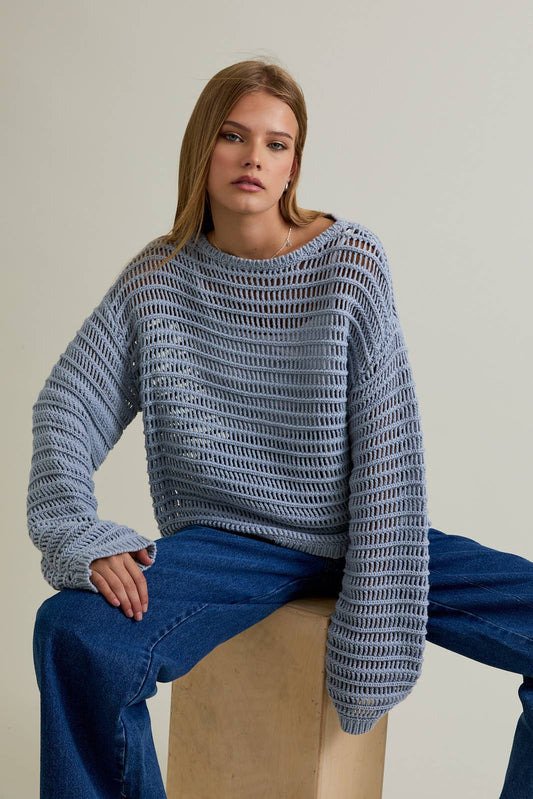BOAT NECK OPENWORK SWEATER TOP