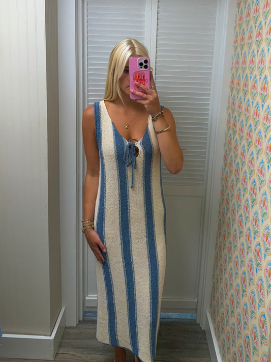 Deep V Neck Tied Front Striped Dress