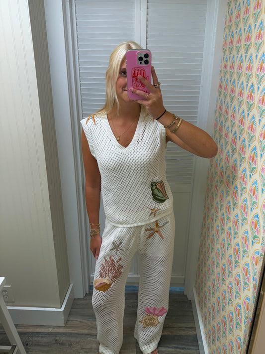 Seashell Embroidered Pants