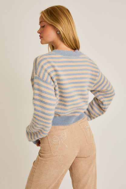 CREW NECK STRIPED CROPPED SWEATER CARDIGAN