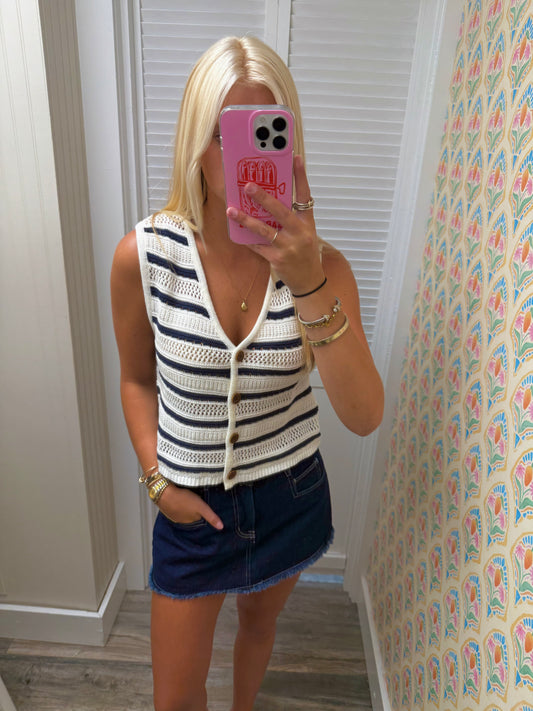 Striped Button Closure Sleeveless Sweater Vest