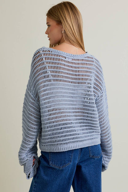 BOAT NECK OPENWORK SWEATER TOP