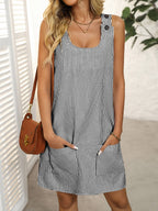Striped Button Strap Pocket Mini Dress