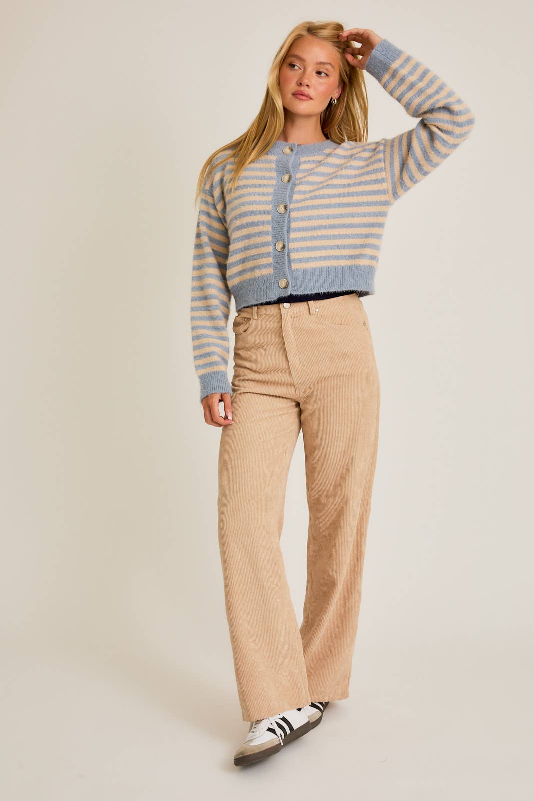 CREW NECK STRIPED CROPPED SWEATER CARDIGAN
