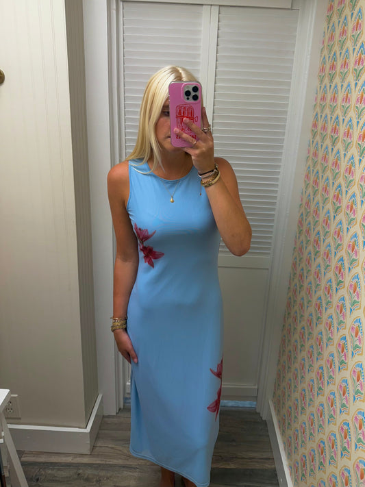 Sleeveless Round Neck Flowers Midi Dress