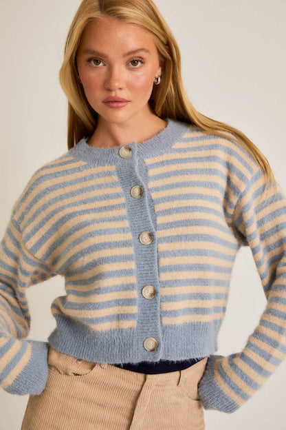 CREW NECK STRIPED CROPPED SWEATER CARDIGAN