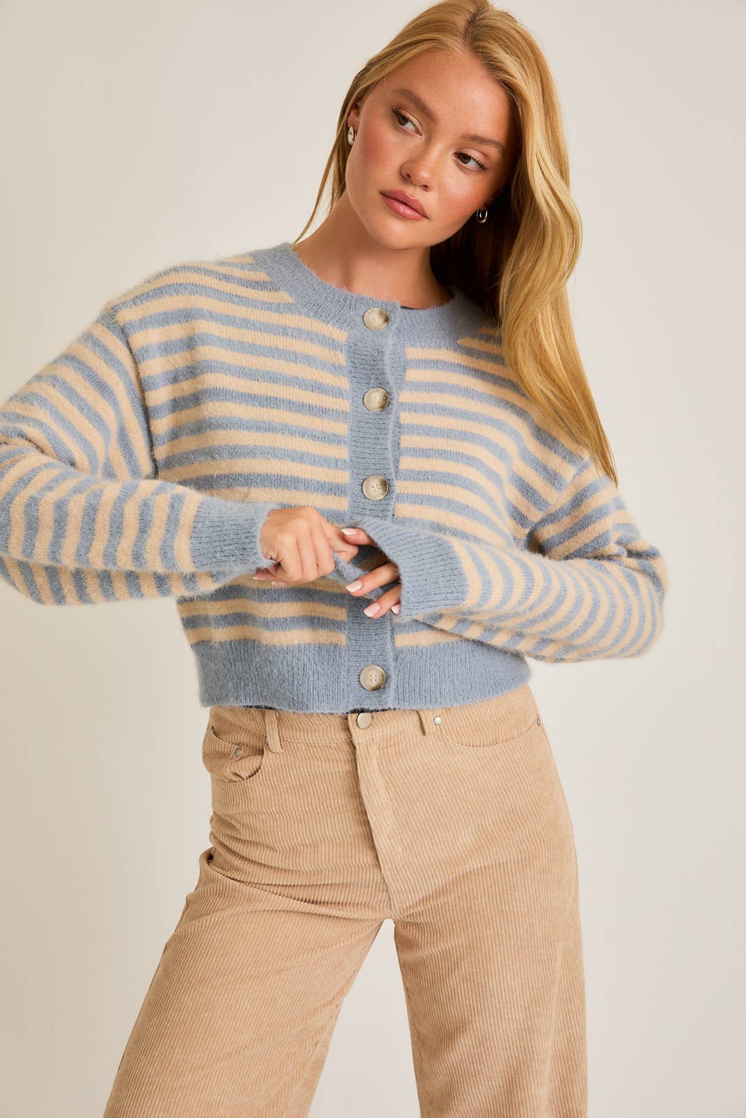 CREW NECK STRIPED CROPPED SWEATER CARDIGAN