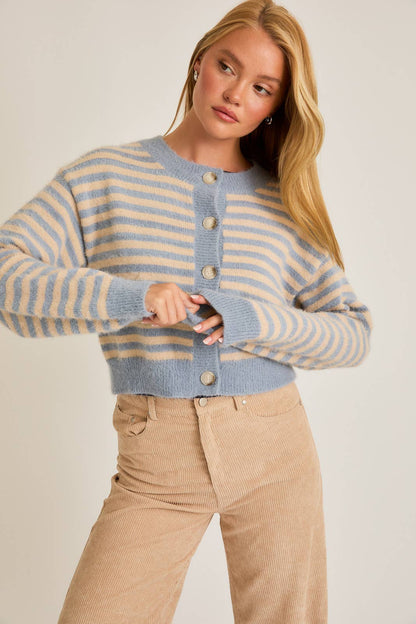 CREW NECK STRIPED CROPPED SWEATER CARDIGAN