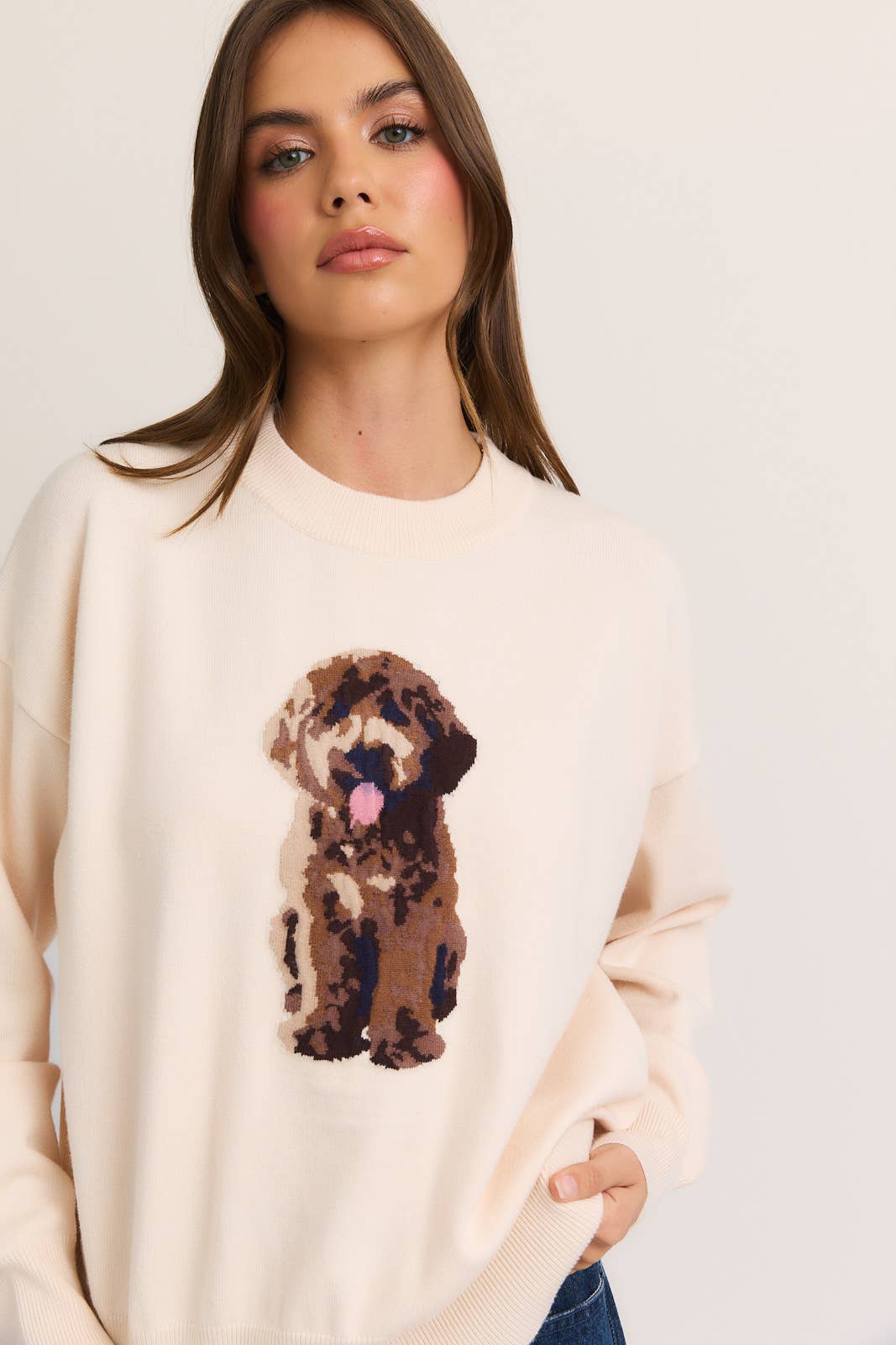 LONG SLEEVE CREW NECK PUPPY GRAPHIC SWEATER
