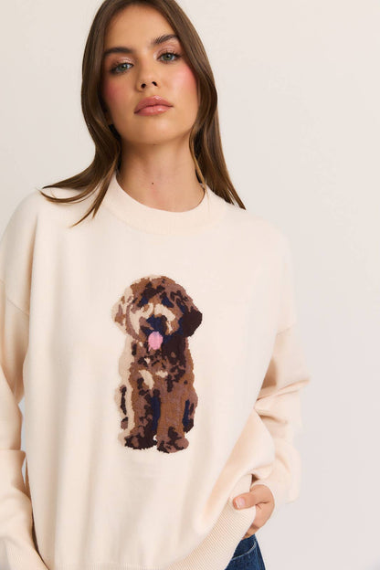 LONG SLEEVE CREW NECK PUPPY GRAPHIC SWEATER
