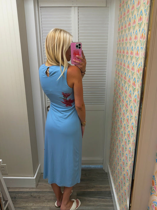Sleeveless Round Neck Flowers Midi Dress