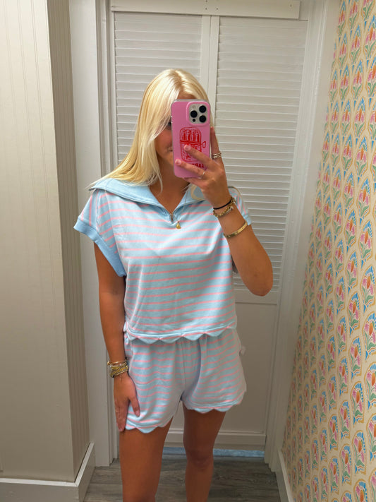 Stripe French Terry Scallop Hem Shorts