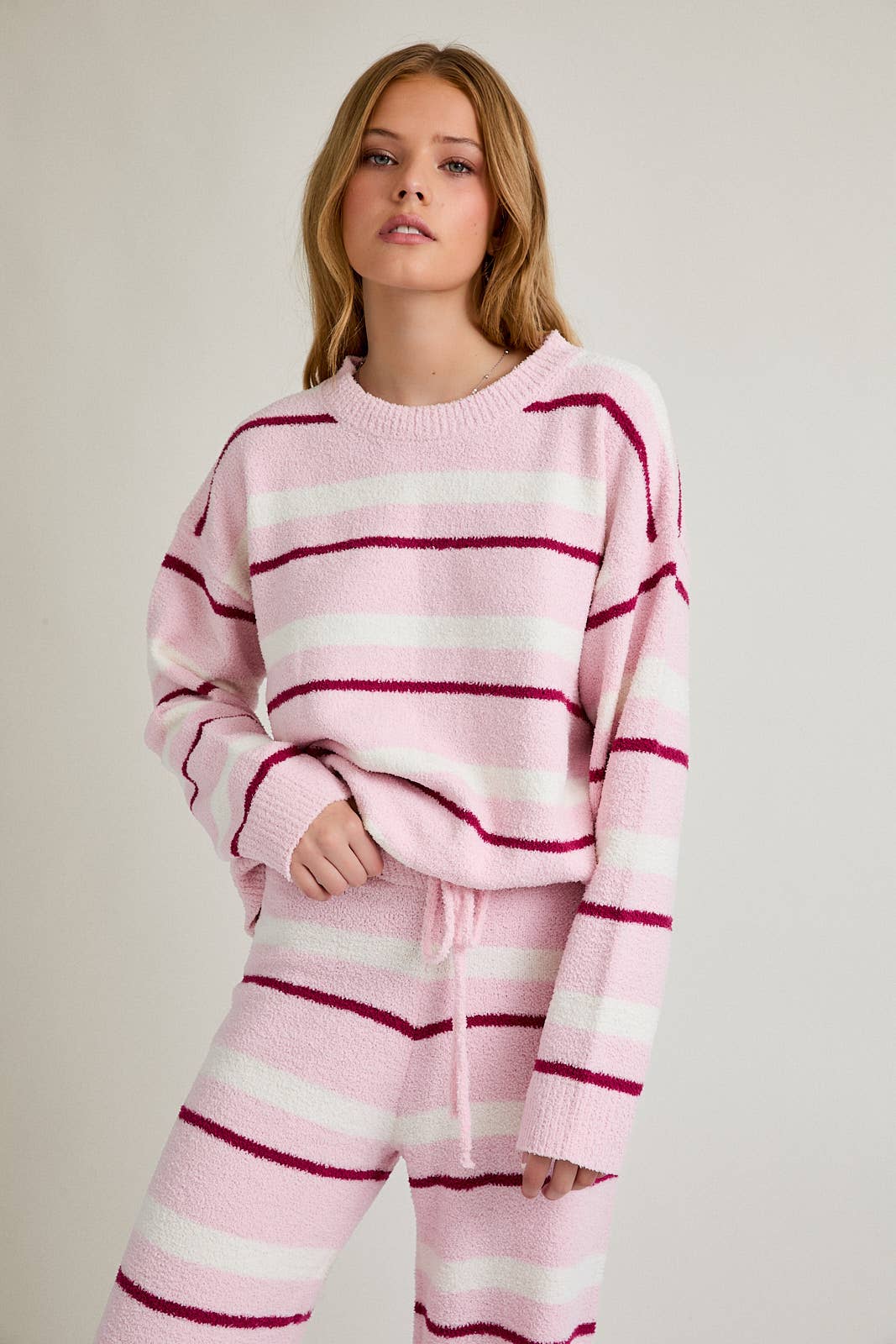 LONG SLEEVE STRIPE SWEATER TOP WITH WIDE LEG SWEATER PANTS