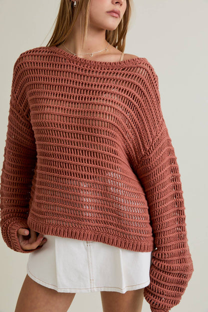BOAT NECK OPENWORK SWEATER TOP