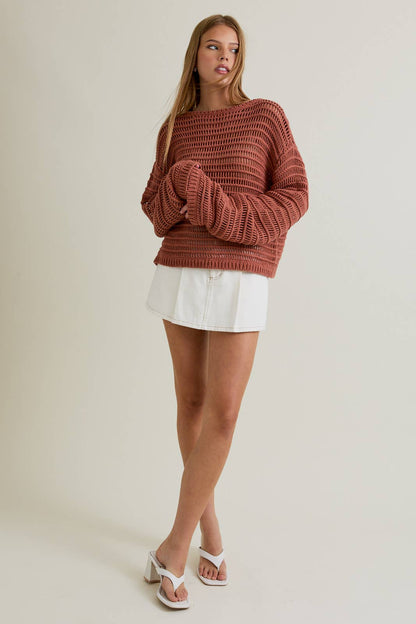 BOAT NECK OPENWORK SWEATER TOP