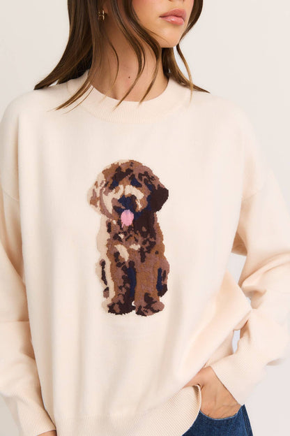 LONG SLEEVE CREW NECK PUPPY GRAPHIC SWEATER