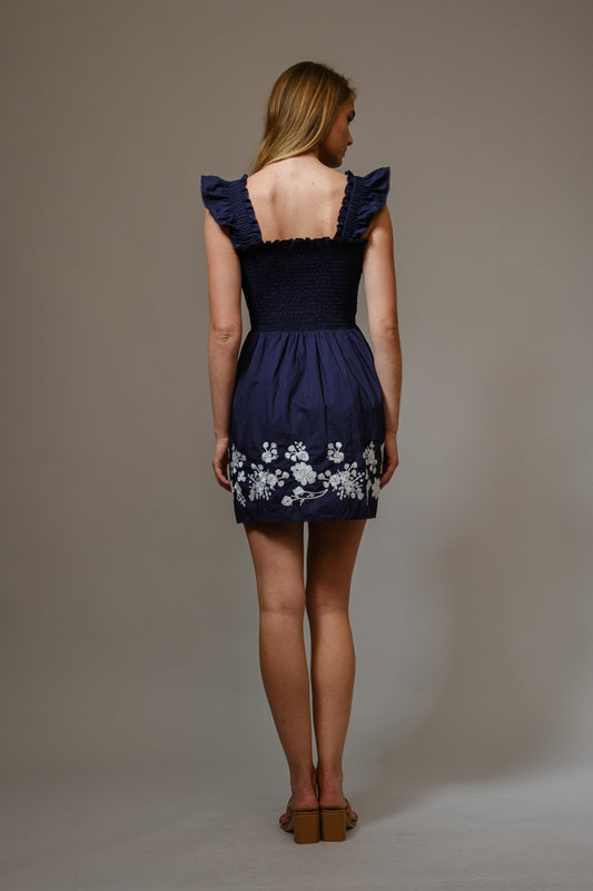 Smocked Embroidered Mini Dress