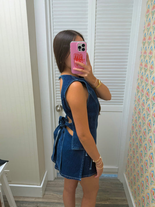 Crew Neck Open Cut Out Neck Tie Denim Top
