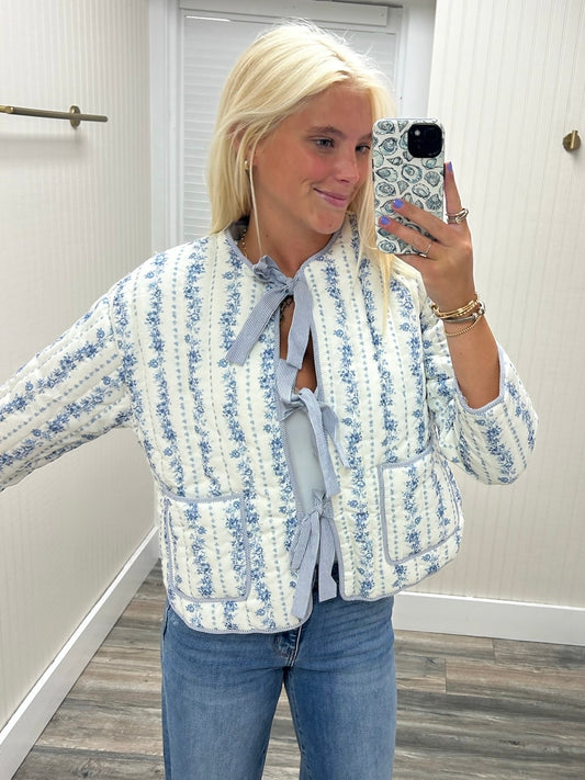 Cotton Printed Front Tie Quilted Jacket