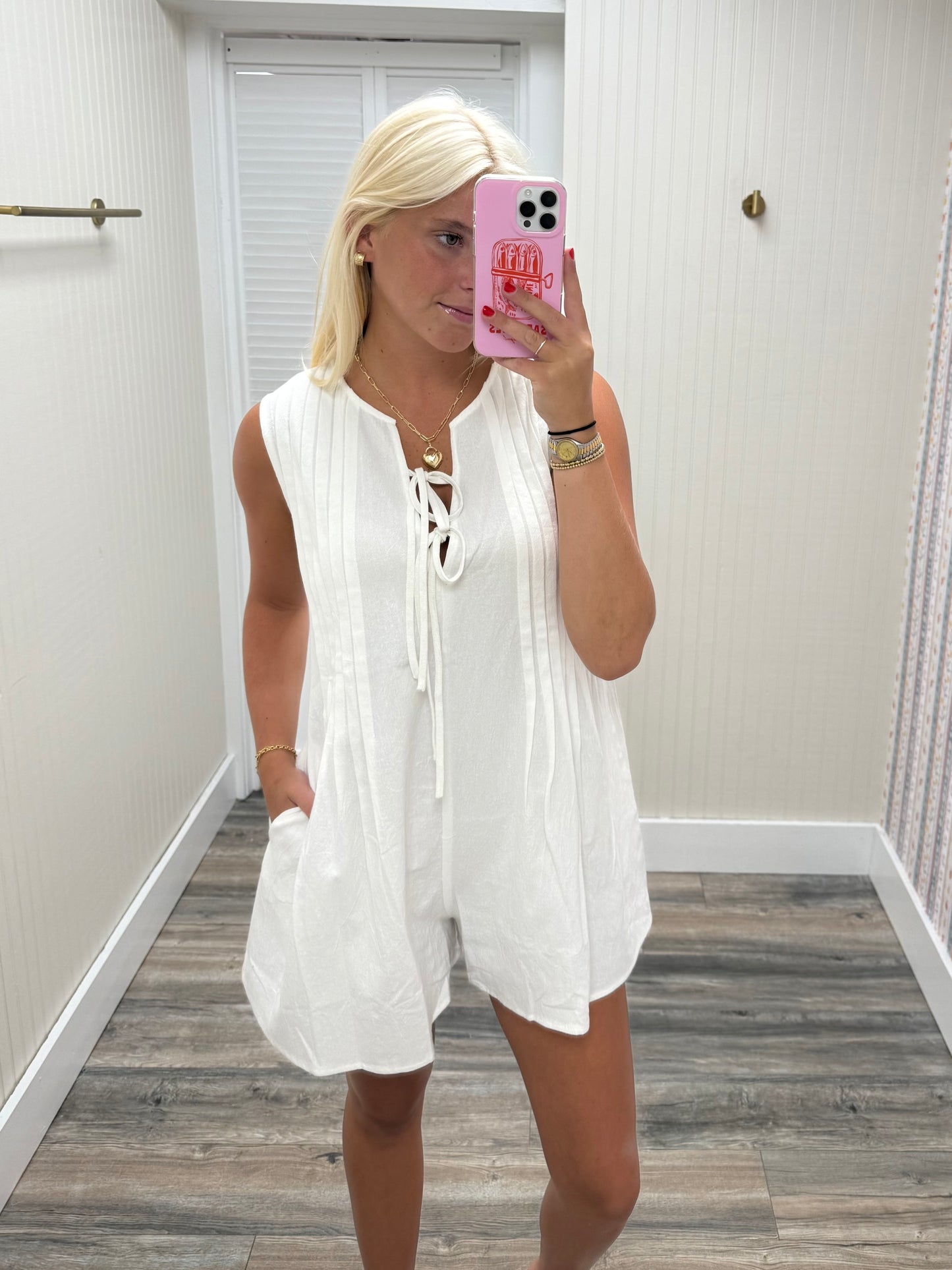 Tie With Pleated Denim Romper