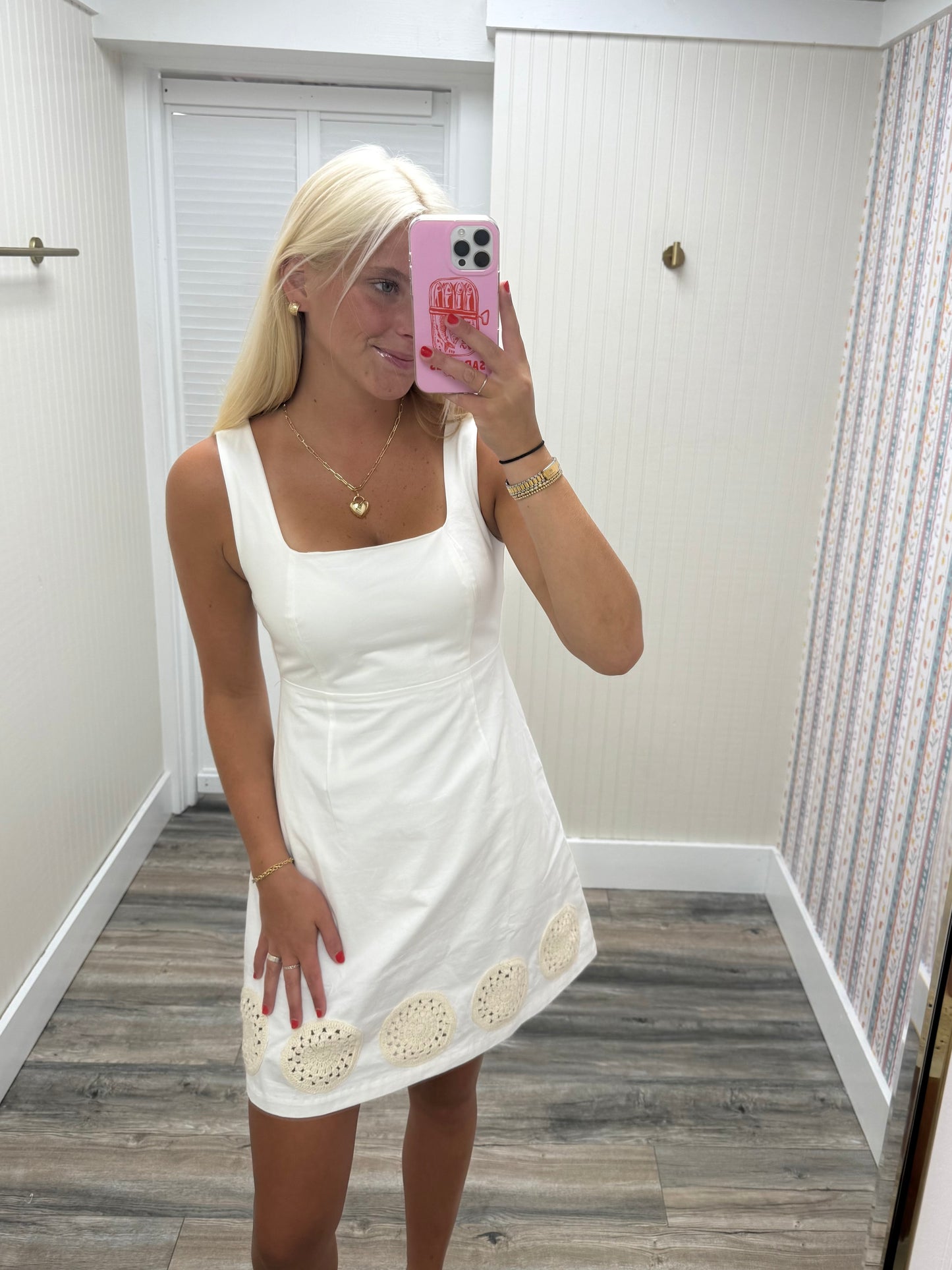 Cotton Woven Circle Crochet Mini Dress