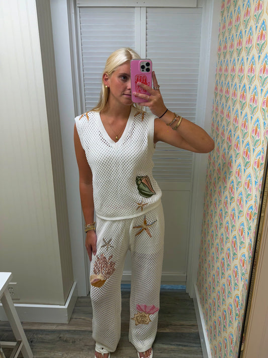 Seashell Embroidered Sweater Crop Top