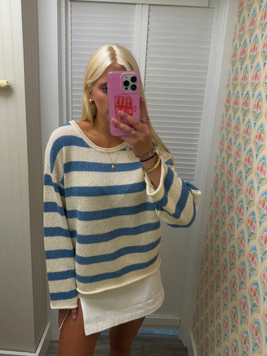 Boat Neck Striped Texture Knit Sweater