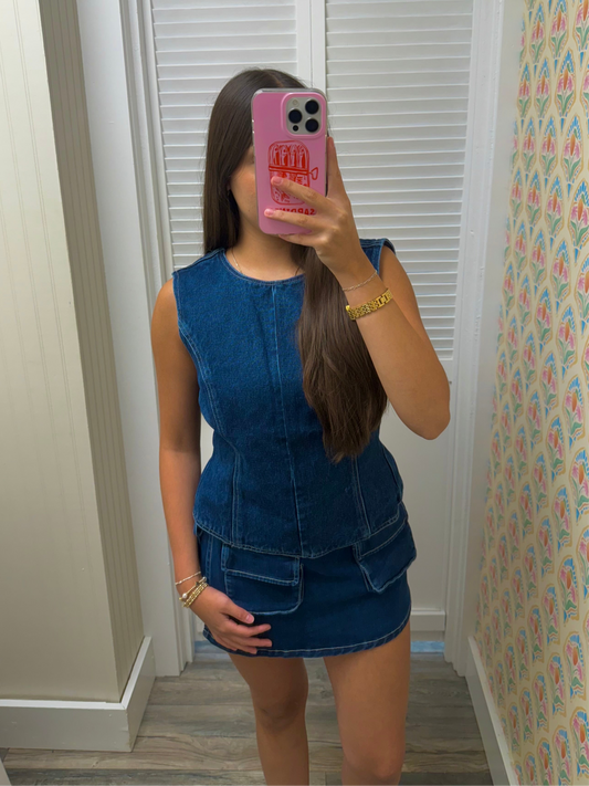 Crew Neck Open Cut Out Neck Tie Denim Top