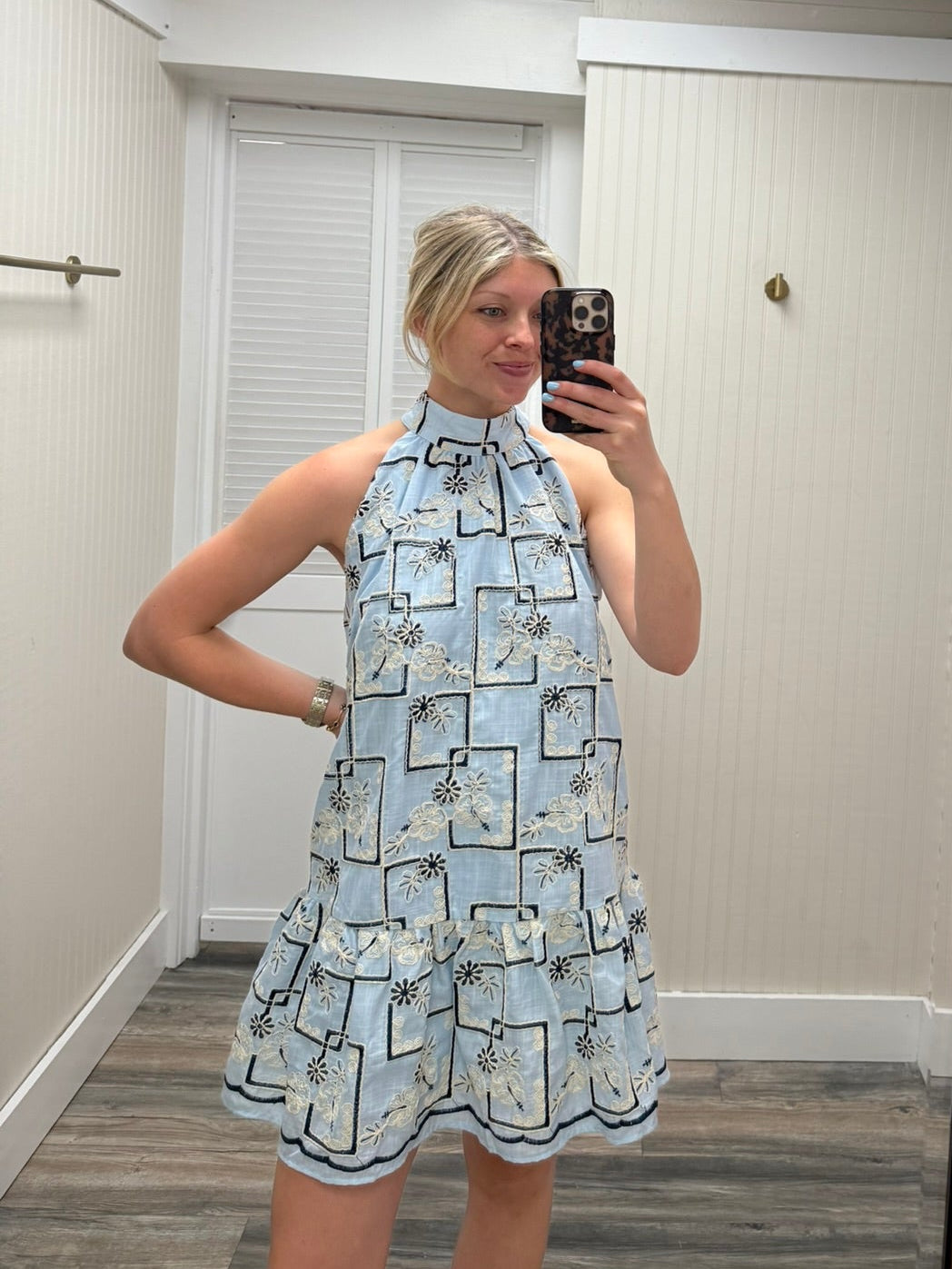 Embroidered Tie Back Halter Dress