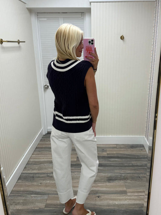 Navy/Off-White Cable Varsity Knit Vest