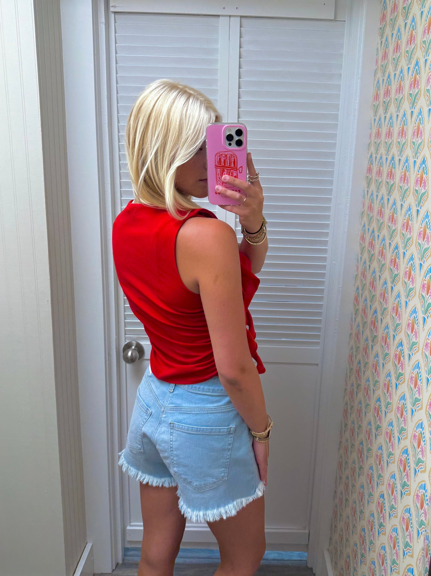 Red Blouse with Side Ruffle Elegance