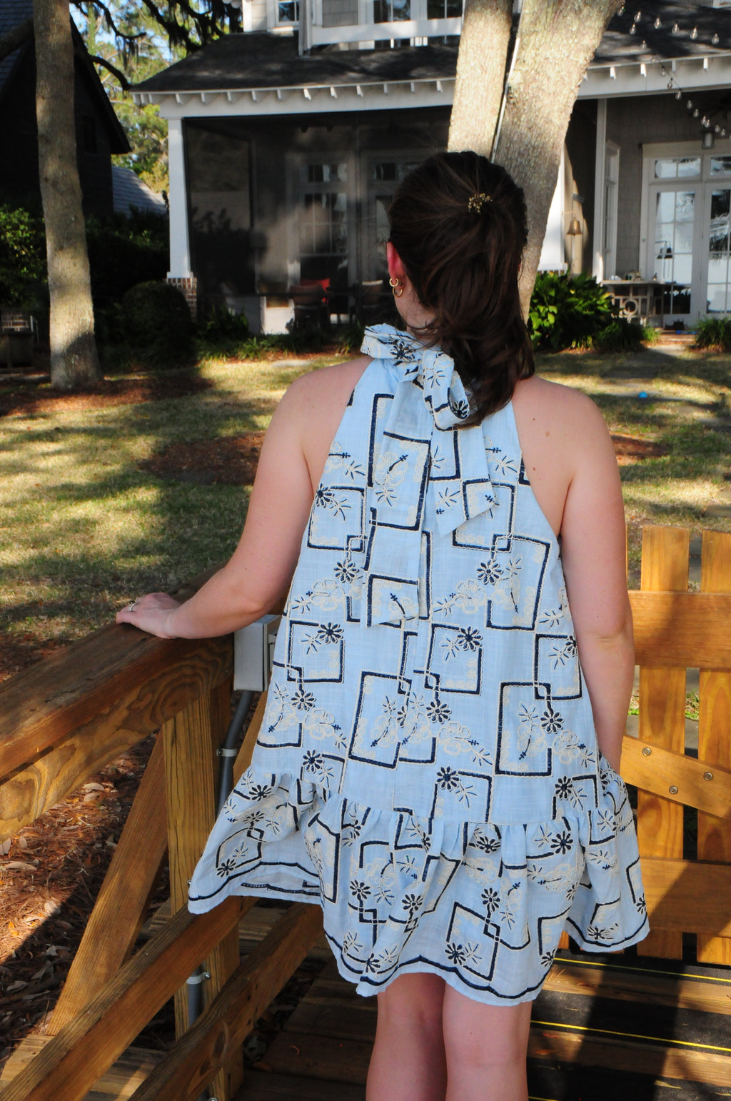 Embroidered Tie Back Halter Dress